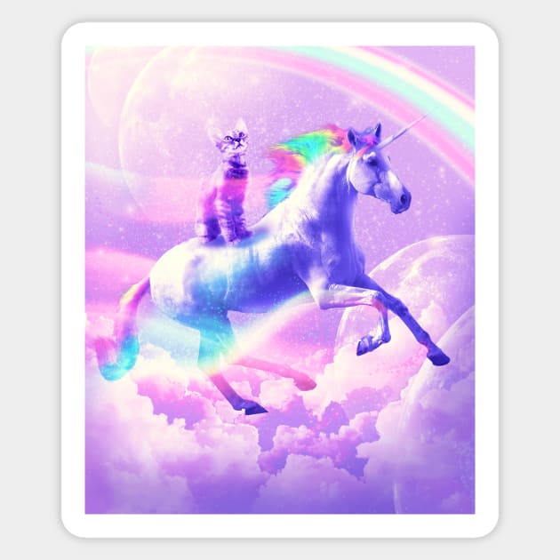 Kitty Cat Riding On Flying Unicorn With Rainbow Sticker by Random Galaxy